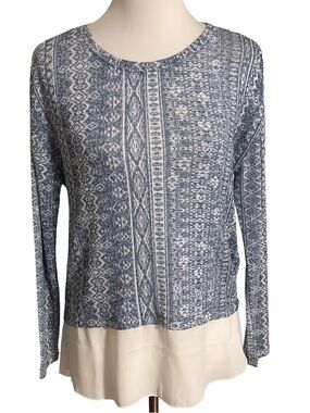 Kiara Blue Patterned Long Sleeve Layered Hem Top